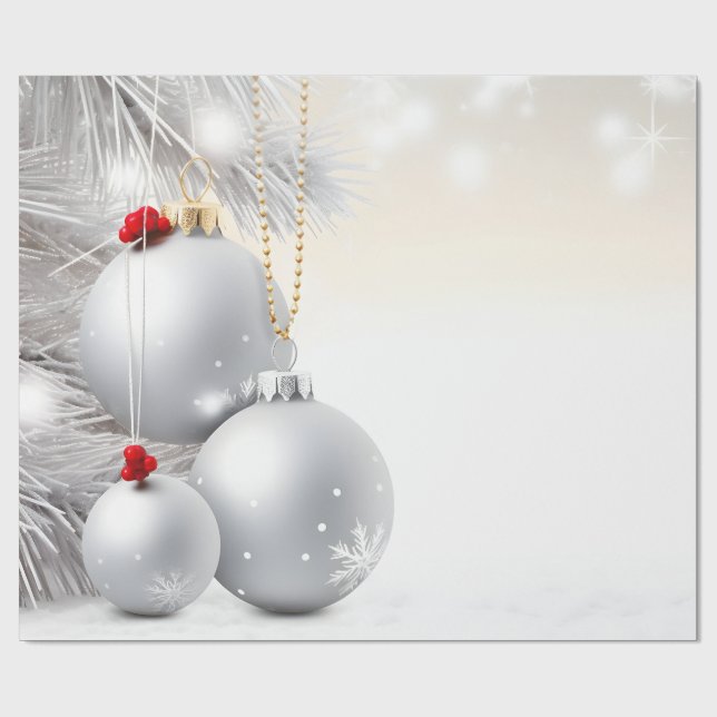 Papier Cadeau Boules de Noël argentées élégantes Branches Vacanc (Plat)