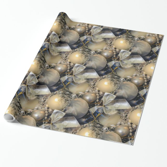 Papier Cadeau Boules de Noël argentées, Nœud et Bougie argentés (Déroulé)