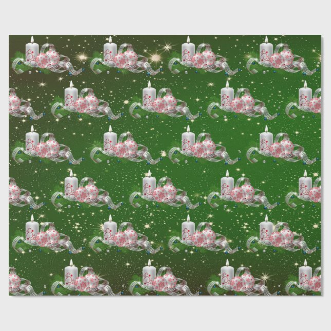 Papier Cadeau Boules de Noël, Bougies Vacances Vertes (Plat)