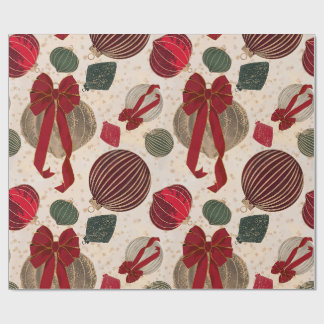 Papier Cadeau Boules de Noël grasses & Rubans Rouges sur Crème