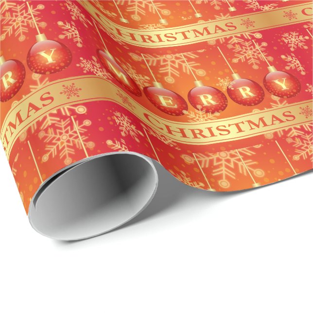 Papier Cadeau Boules de Noël Rouge Or Ornements (Coin rond)