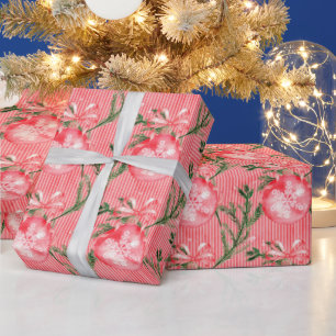 Papier Cadeau Boules de Noël rouges et rayures rouges et blanche