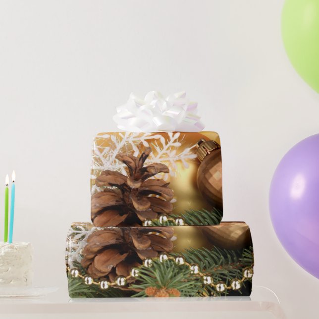 Papier Cadeau Boules d'or élégantes, Pinecones, Flocon de neige (Cadeaux de fête)