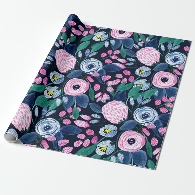 Papier Cadeau Bouquet d'aquarelle bleu marine rose (Déroulé)