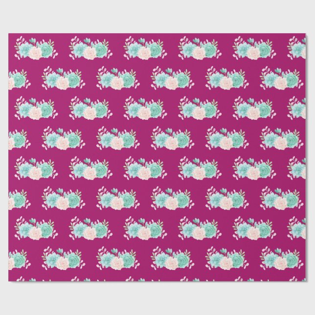 Papier Cadeau Bouquet de fleurs rose et vert Pastel sur Magenta  (Plat)