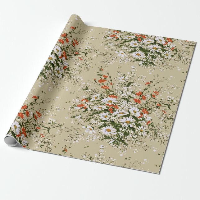 Papier Cadeau Bouquet de marguerites sauvages à l'aquarelle vint (Déroulé)