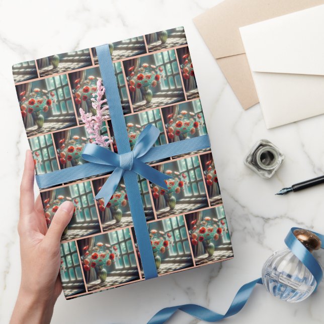 Papier Cadeau Bouquet de pavot rouge dans la fenêtre ensoleillée (Cadeaux)