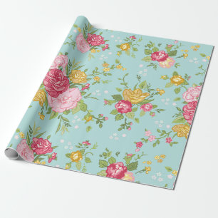 Papier Cadeau Bouquet de roses vintages Motif Floral Turquoise