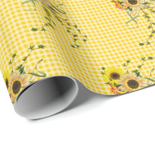 Papier Cadeau bouquet de tournesol et de lierre sur en vichy