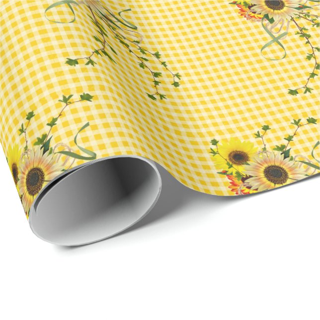 Papier Cadeau bouquet de tournesol et de lierre sur en vichy (Coin rond)