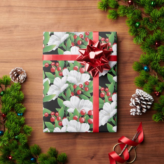 Papier Cadeau Bouquet d'hiver Blanc Rouge Vert Floral | Black (Cadeau de vacances)