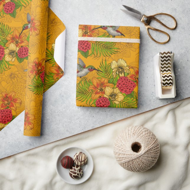 Papier Cadeau Bouquet tropical et colibris 2 (Artisanat)