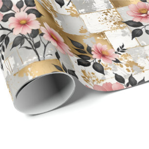 Papier Cadeau Bouquets de fleurs roses avec or et Carrés blancs