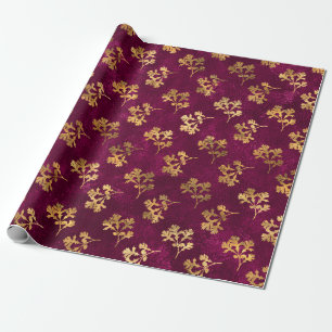 PAPIER CADEAU BOURGOGNE AVEC FEUILLES DE PARSLEY D'OR