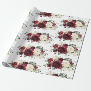 Papier Cadeau Bourgogne blanc ivoire vert floral 