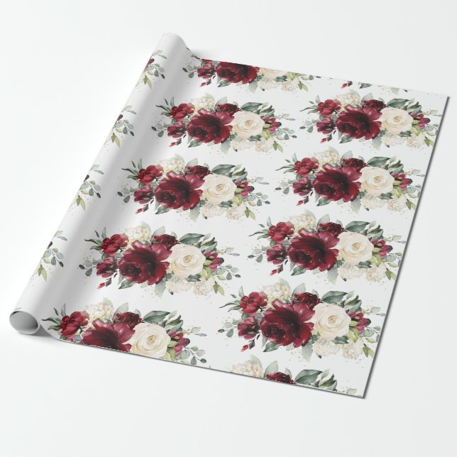 Papier Cadeau Bourgogne blanc ivoire vert floral  (Déroulé)