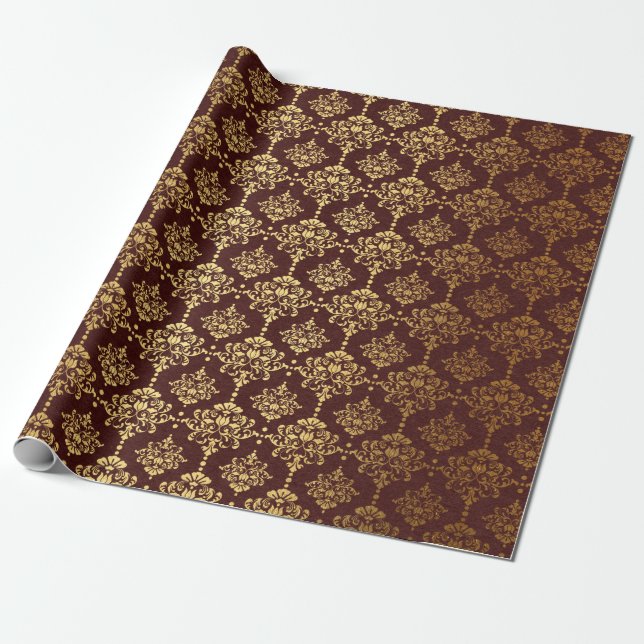 Papier Cadeau Bourgogne et feuille d'or Damask Noël (Déroulé)