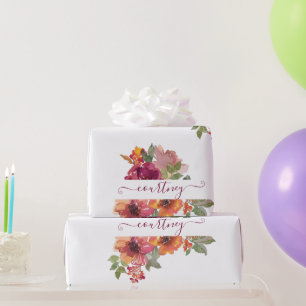 Papier Cadeau Bourgogne et floral aquarelle orange personnalisé