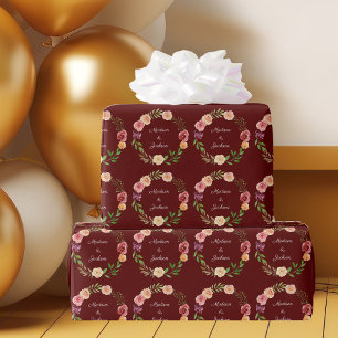 Papier Cadeau Bourgogne Floral Élégant Peony Monogram Mariage
