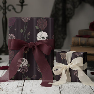 Papier Cadeau Bourgogne foncé Gothique Crâne et rayures de roses
