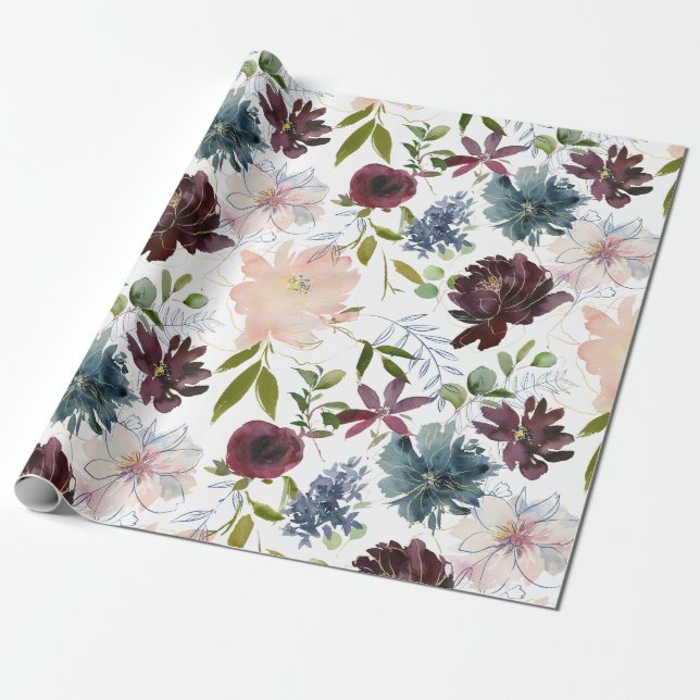 Papier Cadeau Bourgogne, marine et florale blush (Déroulé)