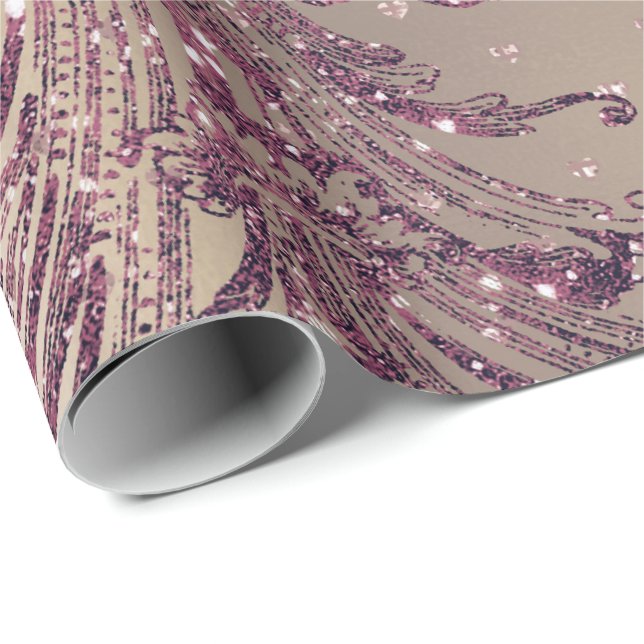 Papier Cadeau Bourgogne Maroon Rose Rose Or Royal Damask Coeurs (Coin rond)