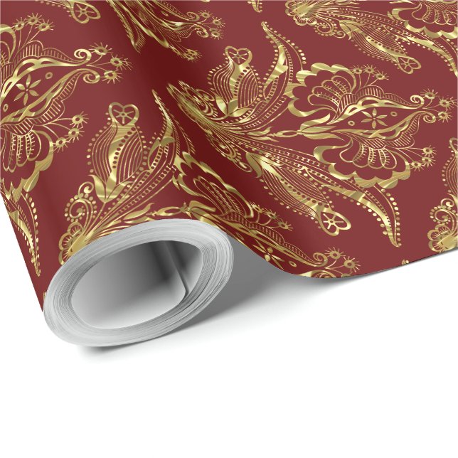 Papier Cadeau Bourgogne & Métallurgique Huile Look Damas florale (Coin rond)