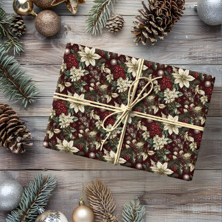 Papier Cadeau Bourgogne traditionnel Floral de Noël
