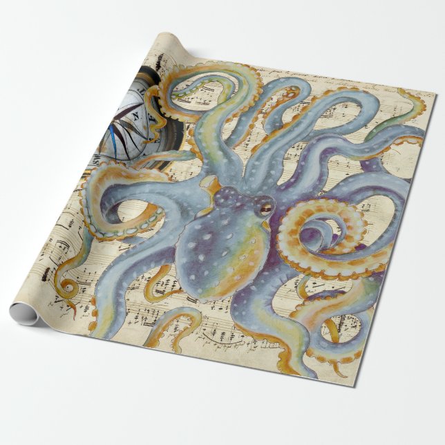 Papier Cadeau Boussole de musique de poulpe de bleu en acier (Déroulé)