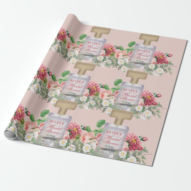 Papier Cadeau Bouteille de parfum rose pâle Fête des mariées flo (Déroulé)