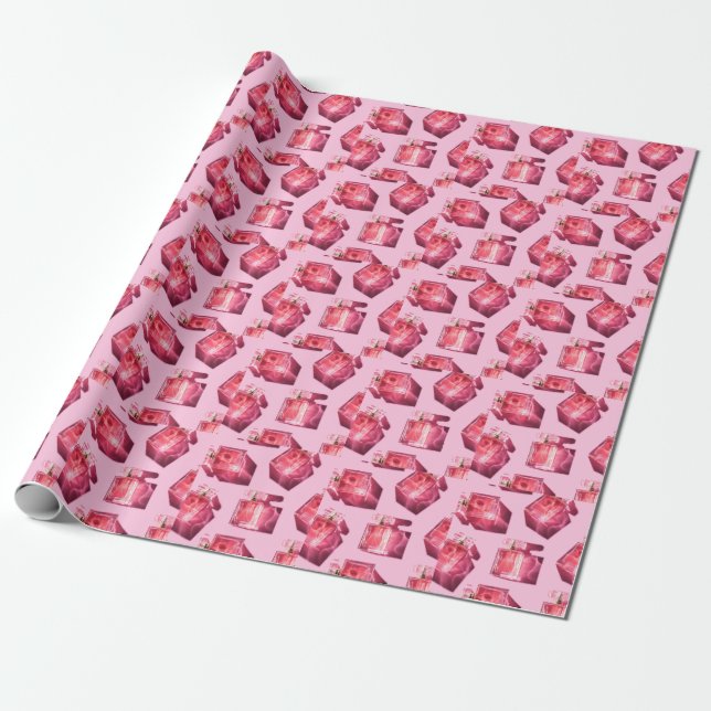Papier Cadeau Bouteilles de parfum, arrière - plan rose, plat (Déroulé)