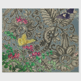 PAPIER CADEAU BOUTEILLES ET CADEAUX MOTIFS ANCIENS EN LACE