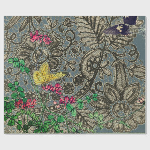PAPIER CADEAU BOUTEILLES ET CADEAUX MOTIFS ANCIENS EN LACE