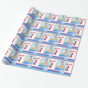 Papier Cadeau Boys nom peint voilier bateau 1er anniversaire env