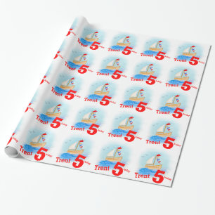 Papier Cadeau Boys nommé bateau à voile peint 5e anniversaire en
