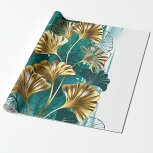 Papier Cadeau Branche avec Feuilles d'or Ginko Biloba