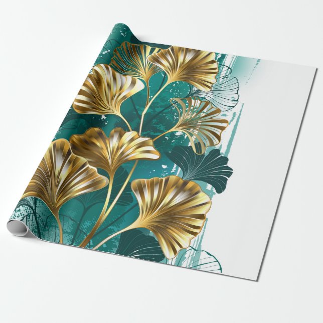 Papier Cadeau Branche avec Feuilles d'or Ginko Biloba (Déroulé)