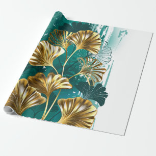 Papier Cadeau Branche avec Feuilles d'or Ginko Biloba