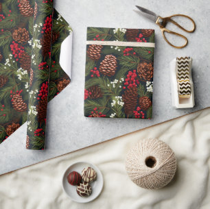 Papier Cadeau Branches Classic Pine Cônes Berries Xmas Motif