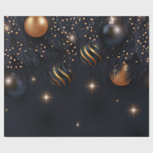 Papier Cadeau Branches d'arbre de pin, Boules de Noël Noir