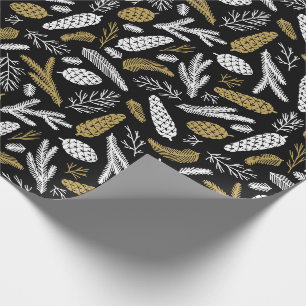 Papier Cadeau Branches de Noël White Black Gold Pine Cones