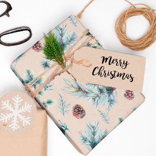 Papier Cadeau Branches de pin aquarelle Kraft Noël