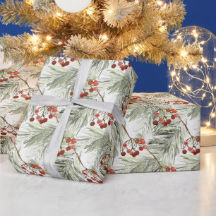 Papier Cadeau Branches de pin de Noël et baies rouges