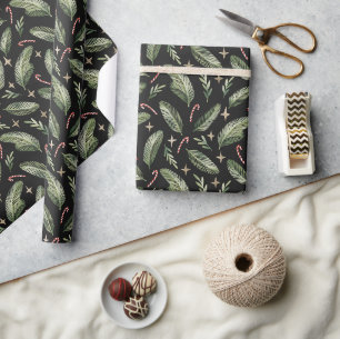 Papier Cadeau Branches de pin, Sucres de canne et étoiles Motif 