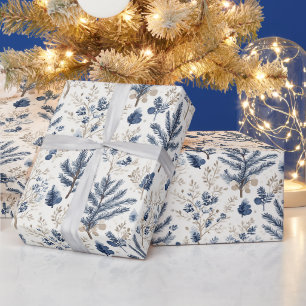 Papier Cadeau Branches de sapin de Noël nordiques crème blanc bl