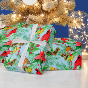 Papier Cadeau Branches de sapin Poinsettia Cônes Robin Cardinaux