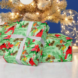Papier Cadeau Branches de sapin Poinsettia Cônes Robin Cardinaux