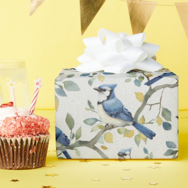 Papier Cadeau Branches et fleurs d'oiseaux Blue Jays (Fête d'anniversaire)
