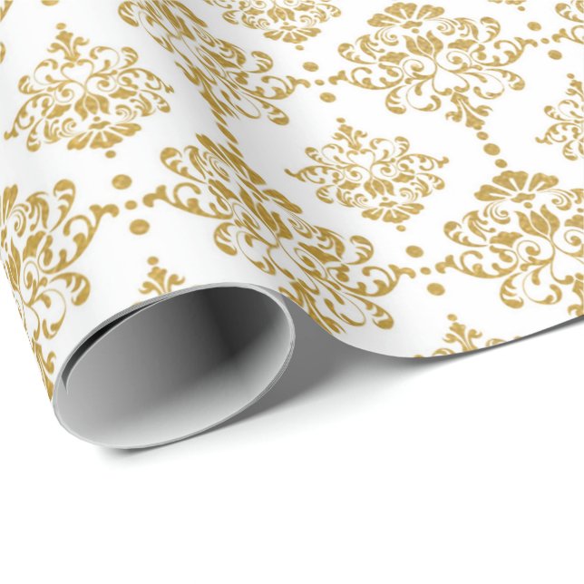 Papier Cadeau Bride du Mariage royal White Gold Damask (Coin rond)