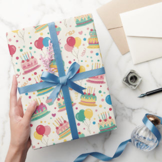 Papier Cadeau Bright Birthday Cakes and Balloons Wrapping Paper